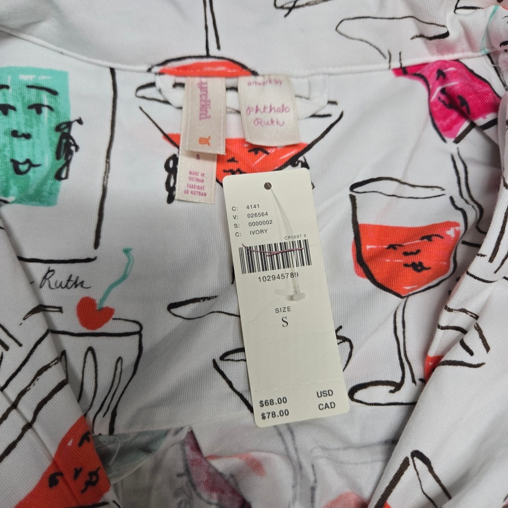 Anthropologie Phthalo Ruth Lyrebird Pajama Top Small Ivory Cocktail Print NWT - Picture 3 of 5